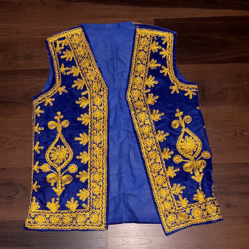 Afghani hand made velvet royal blue gold embroidered vest SZ men’s L/XL